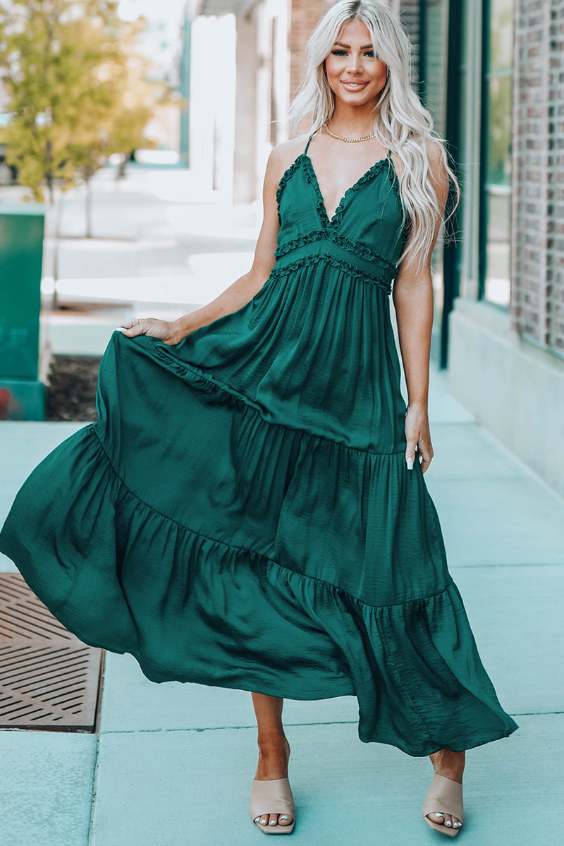 Green Cross Back Frilled Sleeveless Tiered Maxi Dress