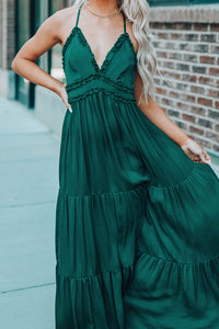 Green Cross Back Frilled Sleeveless Tiered Maxi Dress