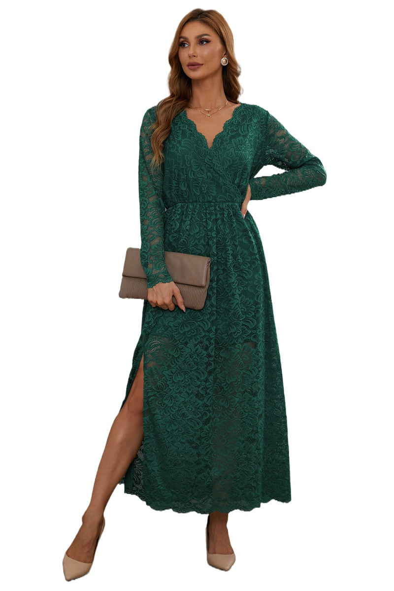 Green Deep V-Neck Long Sleeve V Neck Lace Women's Maxi Dress with Split