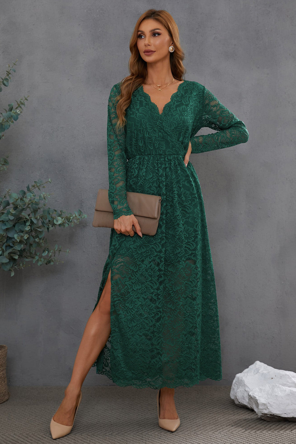 Green Deep V-Neck Long Sleeve V Neck Lace Women's Maxi Dress with Split