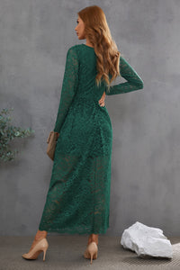 Green Deep V-Neck Long Sleeve V Neck Lace Women's Maxi Dress with Split