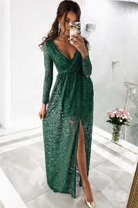 Green Deep V-Neck Long Sleeve V Neck Lace Women's Maxi Dress with Split