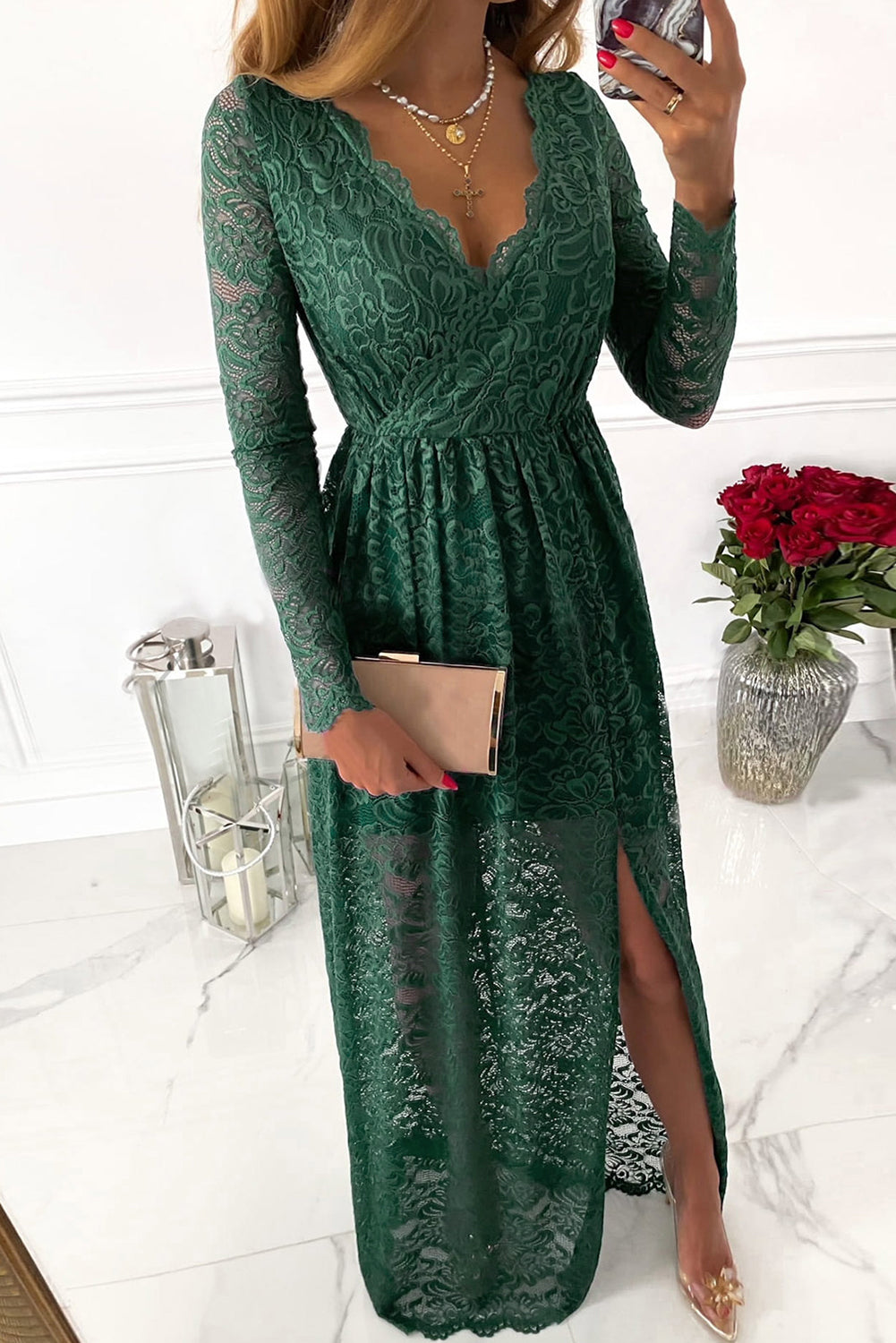 Green Deep V-Neck Long Sleeve V Neck Lace Women's Maxi Dress with Split