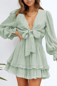 Deep V Neck Lantern Sleeve Knotted Tiered Long Sleeve Women's Mini Dress