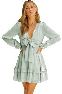 Deep V Neck Lantern Sleeve Knotted Tiered Long Sleeve Women's Mini Dress