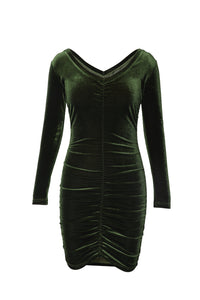 Udressshop Black Long Sleeve Ruched Velvet Dress