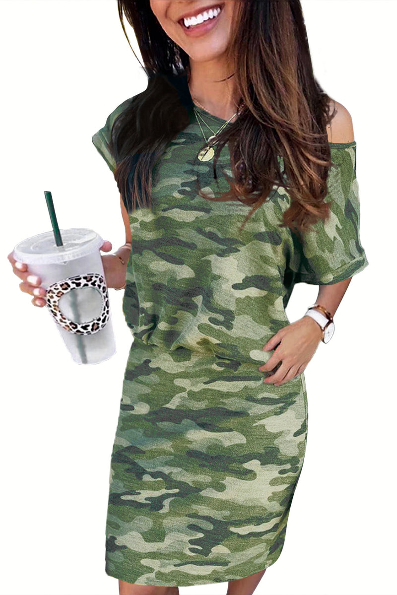 Green One Shoulder Short Sleeve Camo Mini Dress