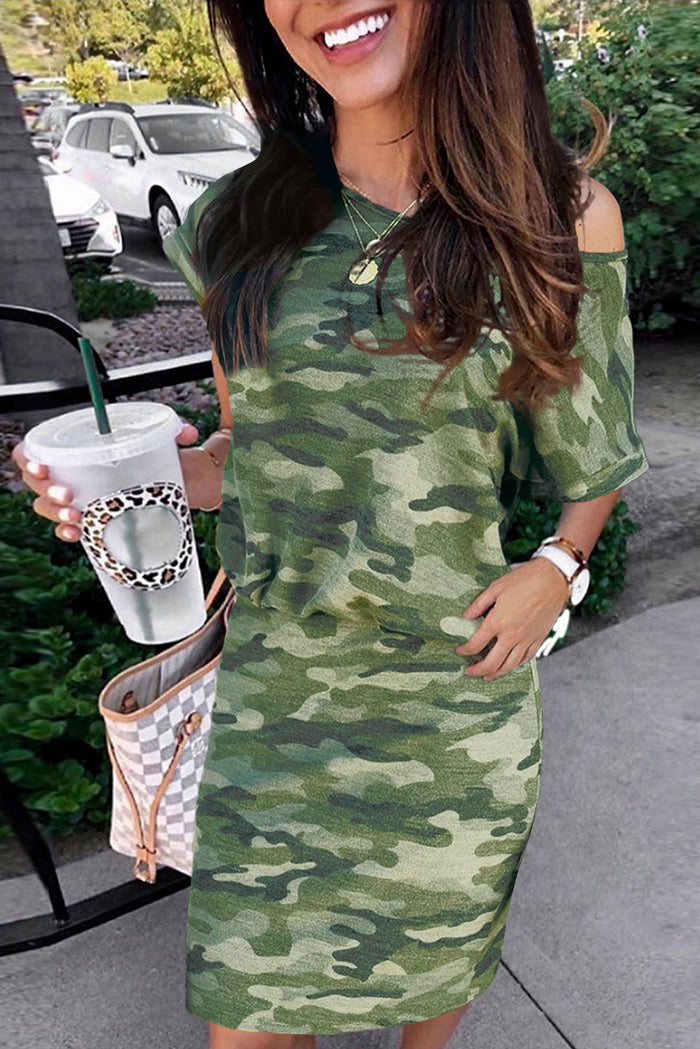 Green One Shoulder Short Sleeve Camo Mini Dress