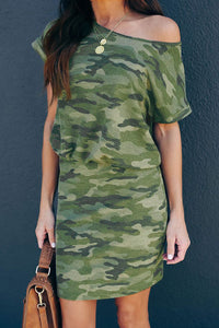 Green One Shoulder Short Sleeve Camo Mini Dress