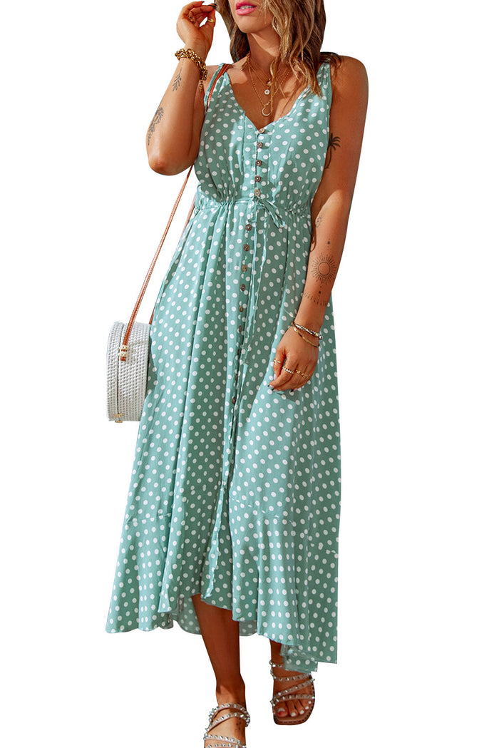 Udressshop Green Polka Dot Print Split Buttoned V Neck Maxi Dress