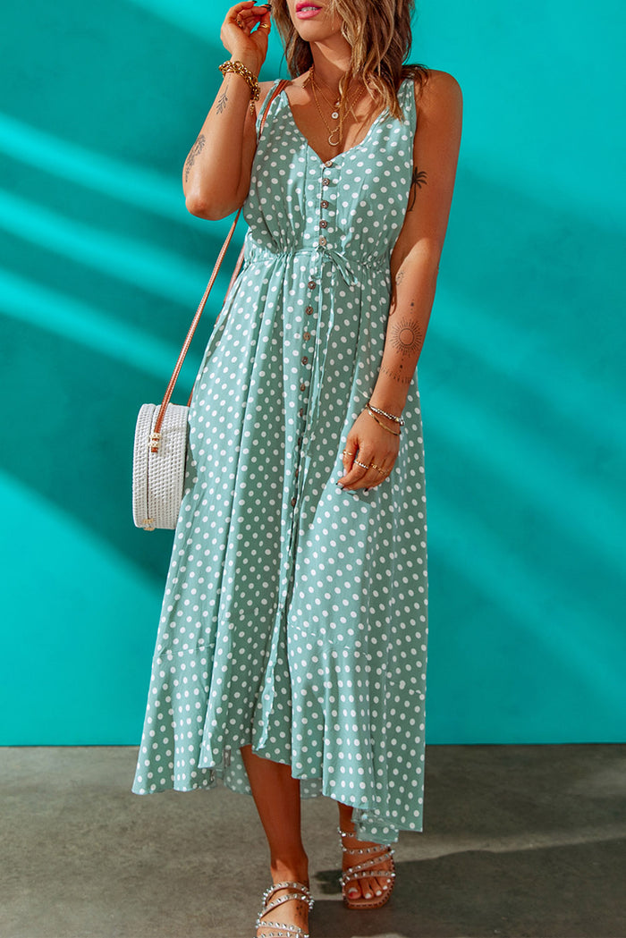 Udressshop Green Polka Dot Print Split Buttoned V Neck Maxi Dress