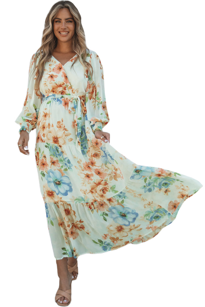 Women's Green Puff Long  Sleeves V Neck Empire Waist Floral Print Maxi Dress