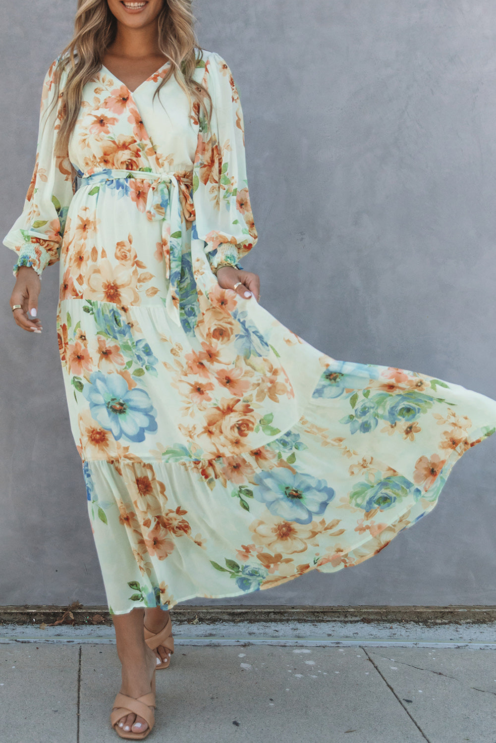 Women's Green Puff Long  Sleeves V Neck Empire Waist Floral Print Maxi Dress