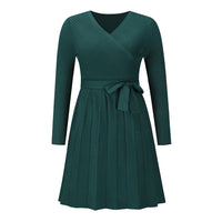 Women's Sweater Dress Sexy V-Neck Cross Pleated Knit Short A-Line Dress