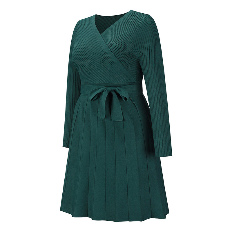 Women's Sweater Dress Sexy V-Neck Cross Pleated Knit Short A-Line Dress