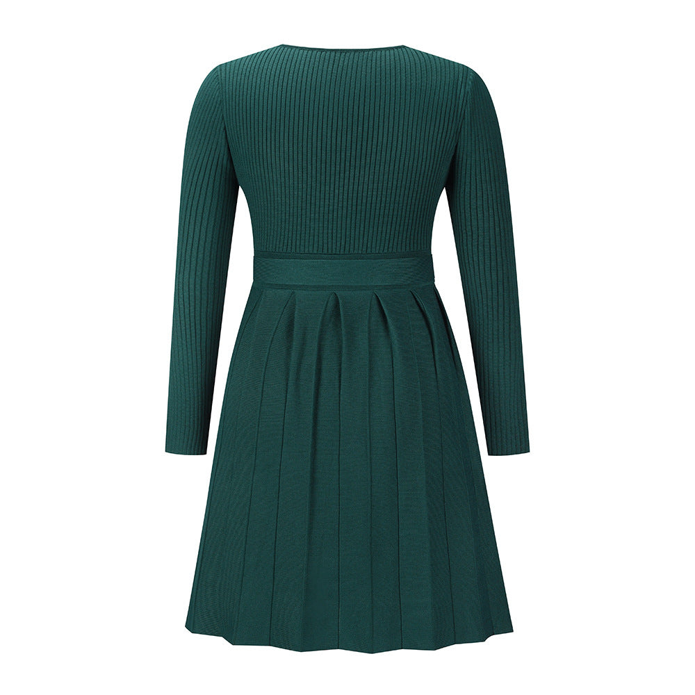 Women's Sweater Dress Sexy V-Neck Cross Pleated Knit Short A-Line Dress