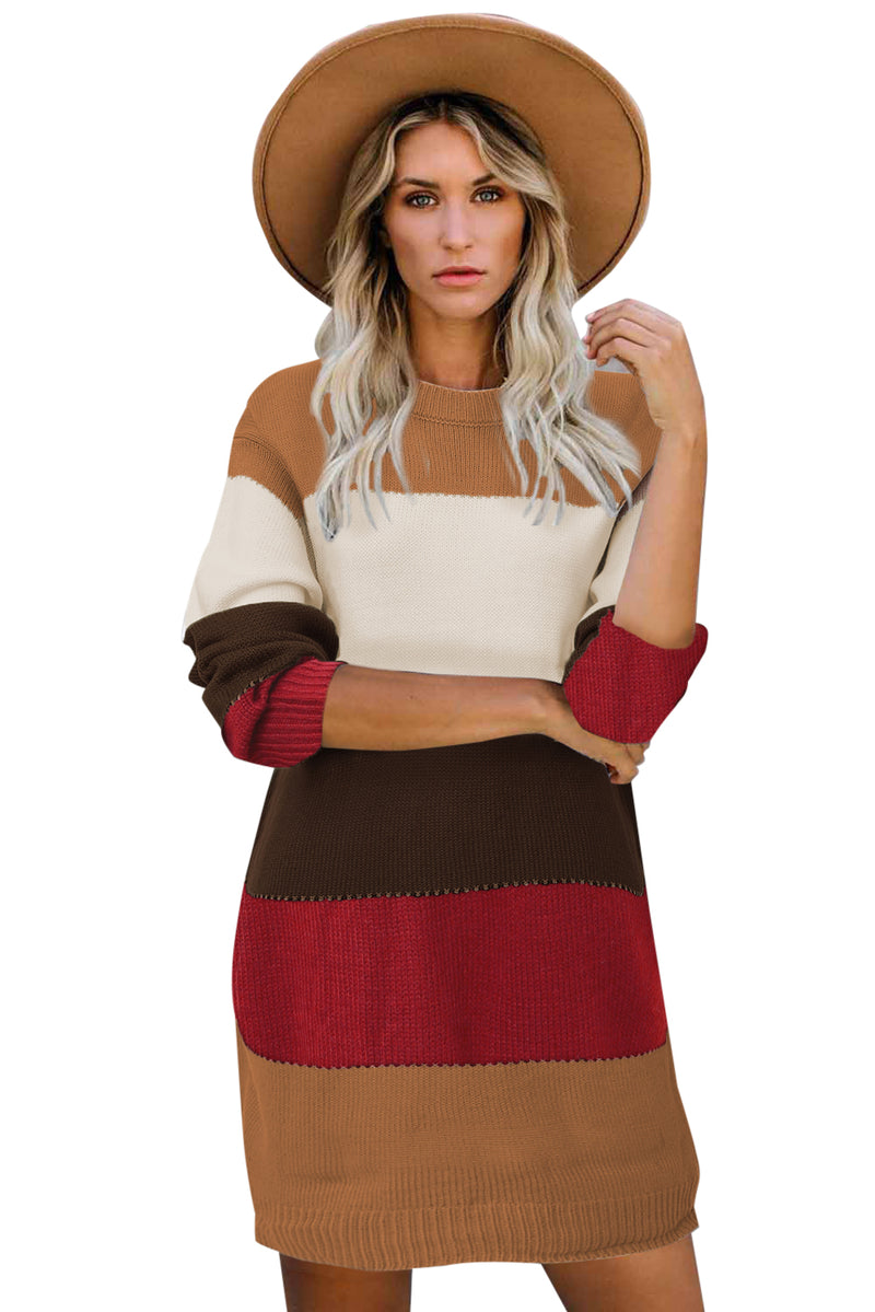 Udressshop Khaki Color Block Winter Sweater Dress