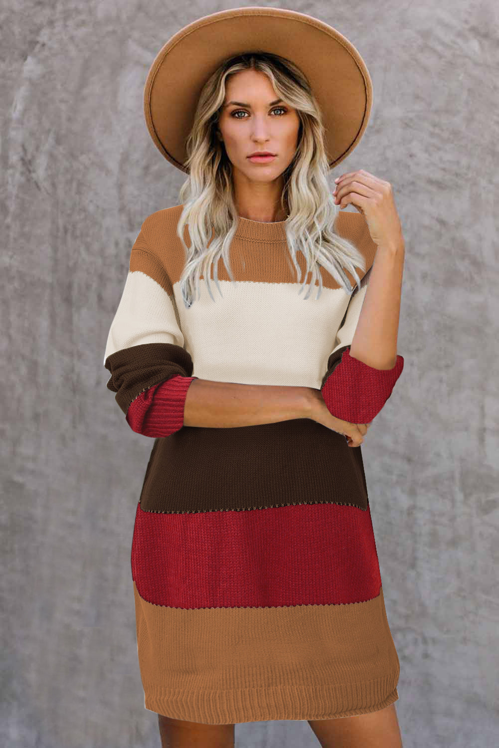 Udressshop Khaki Color Block Winter Sweater Dress