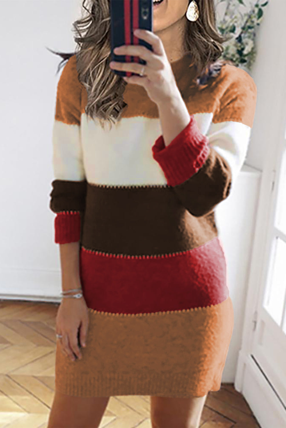 Udressshop Khaki Color Block Winter Sweater Dress