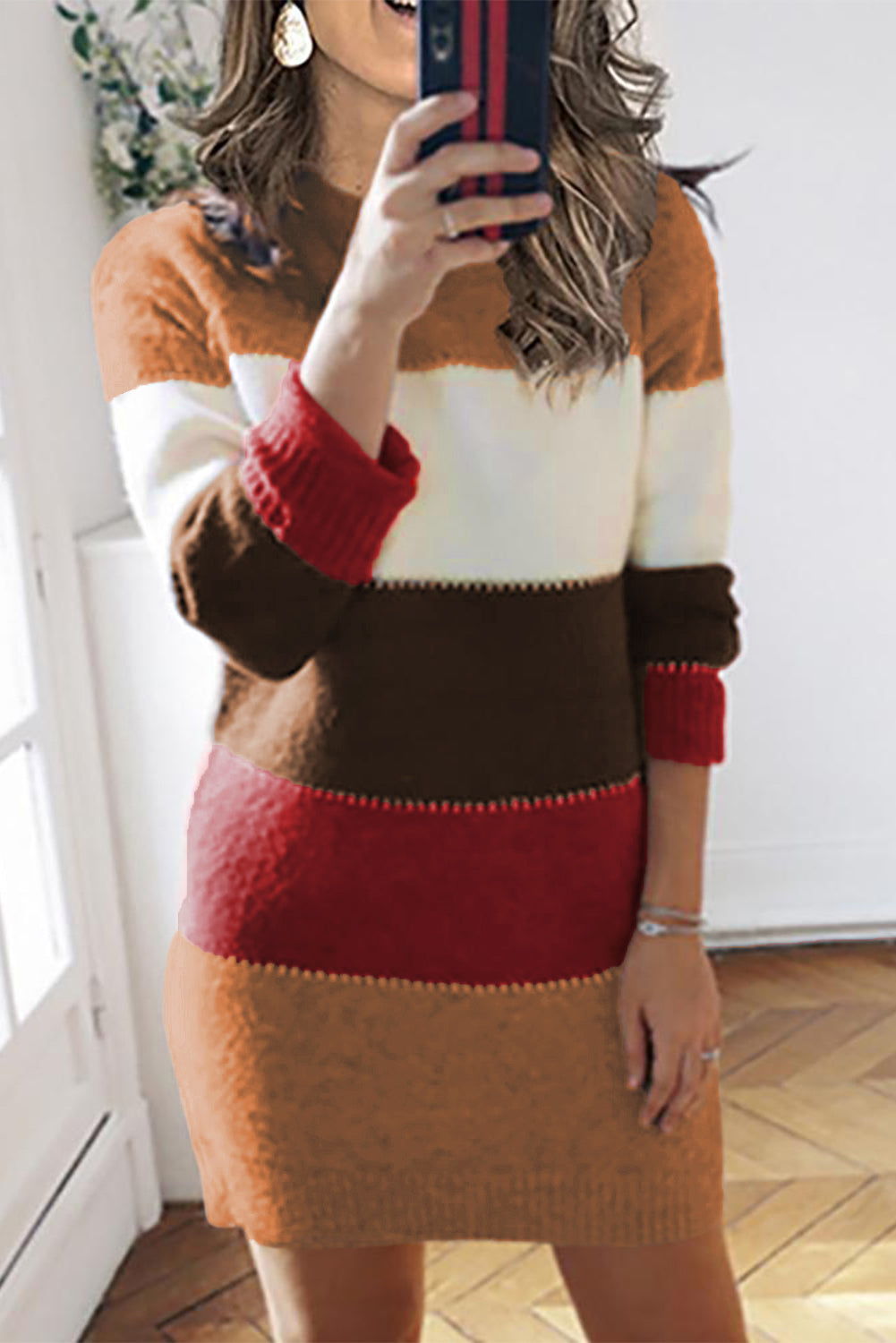 Udressshop Khaki Color Block Winter Sweater Dress