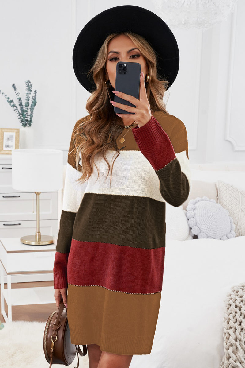 Udressshop Khaki Color Block Winter Sweater Dress