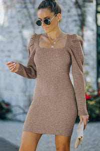 Udressshop Square Neck Puffy Sleeve Winter Sweater Dress