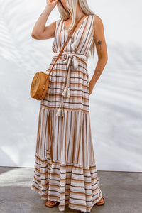 Women's Casual Striped V Neck Sleeveless Tie Knot Maxi Dress with Tie