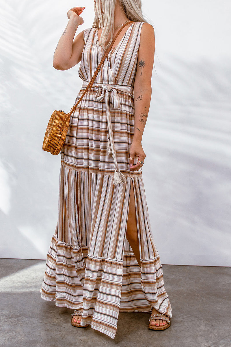 Women's Casual Striped V Neck Sleeveless Tie Knot Maxi Dress with Tie