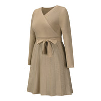 Women's Sweater Dress Sexy V-Neck Cross Pleated Knit Short A-Line Dress