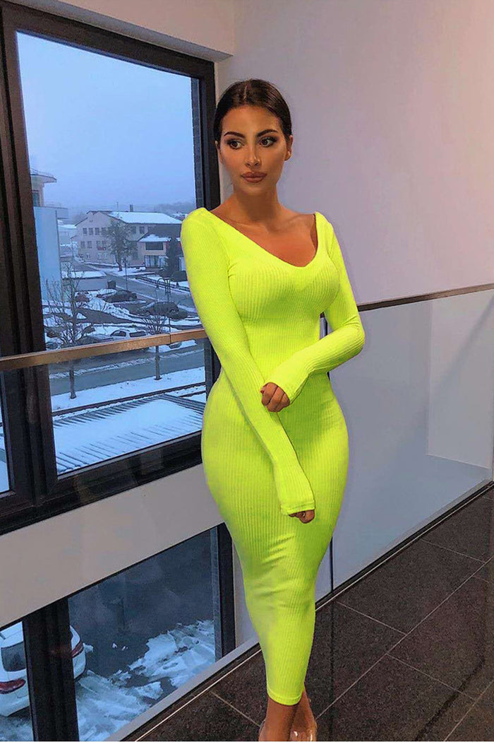 Ladies Solid Color Sweater Knitted Sweater Pullover V Neck Knitted Midi Dress