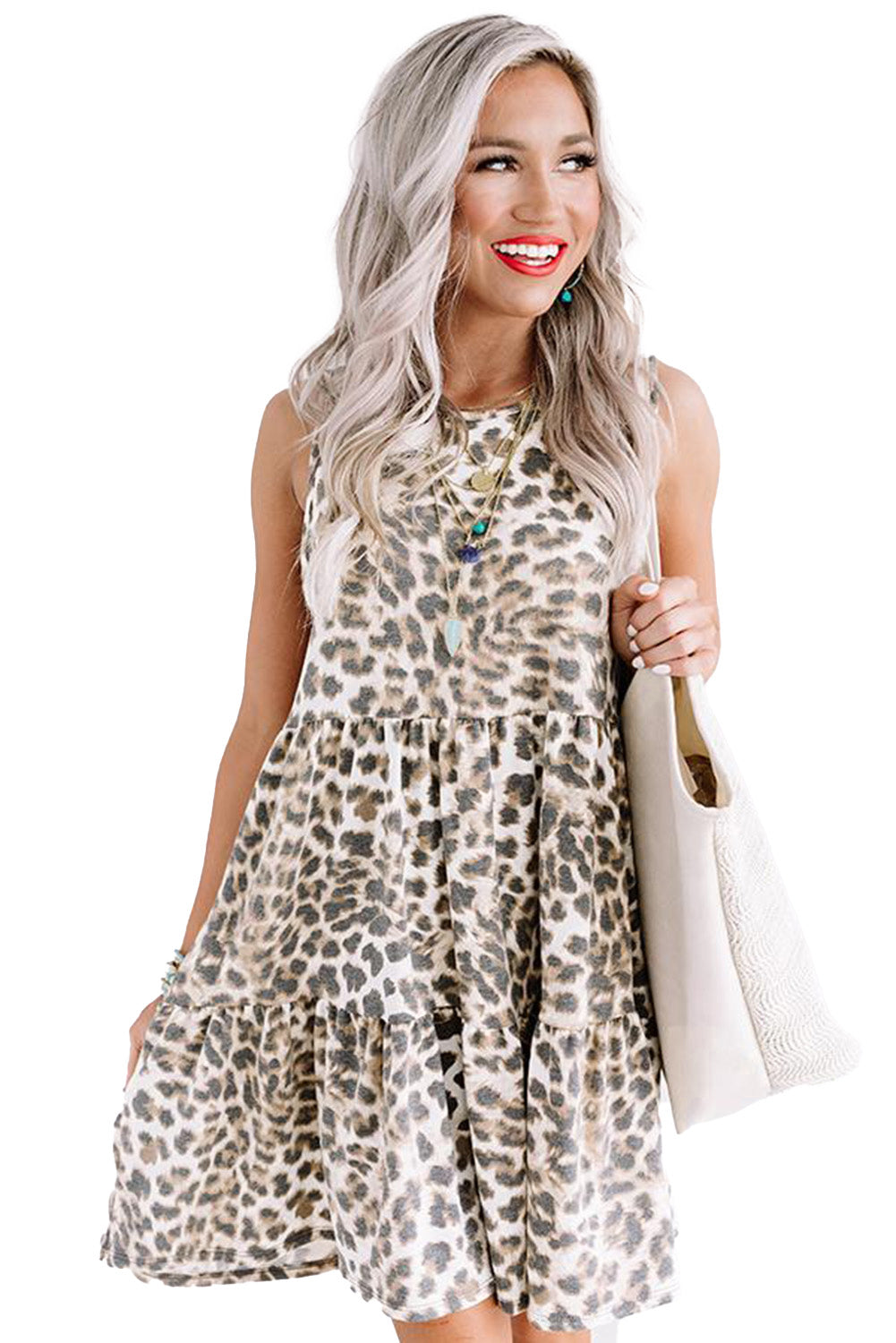 Udressshop Leopard Print Layered Ruffled Sleeveless Mini Dress