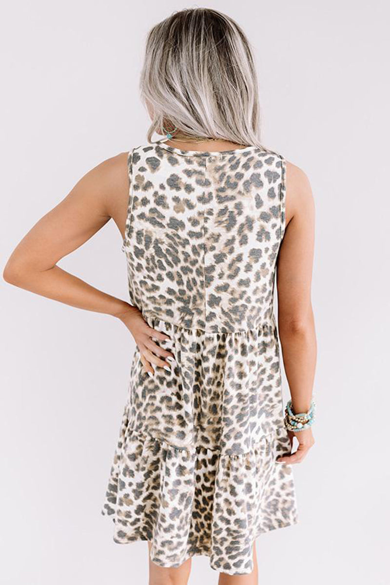 Udressshop Leopard Print Layered Ruffled Sleeveless Mini Dress