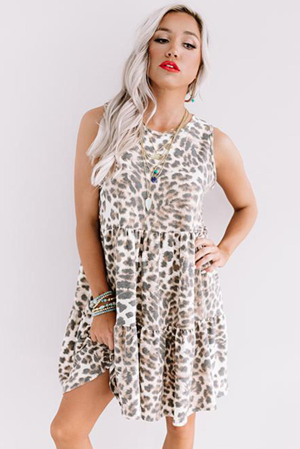 Udressshop Leopard Print Layered Ruffled Sleeveless Mini Dress