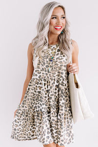 Udressshop Leopard Print Layered Ruffled Sleeveless Mini Dress