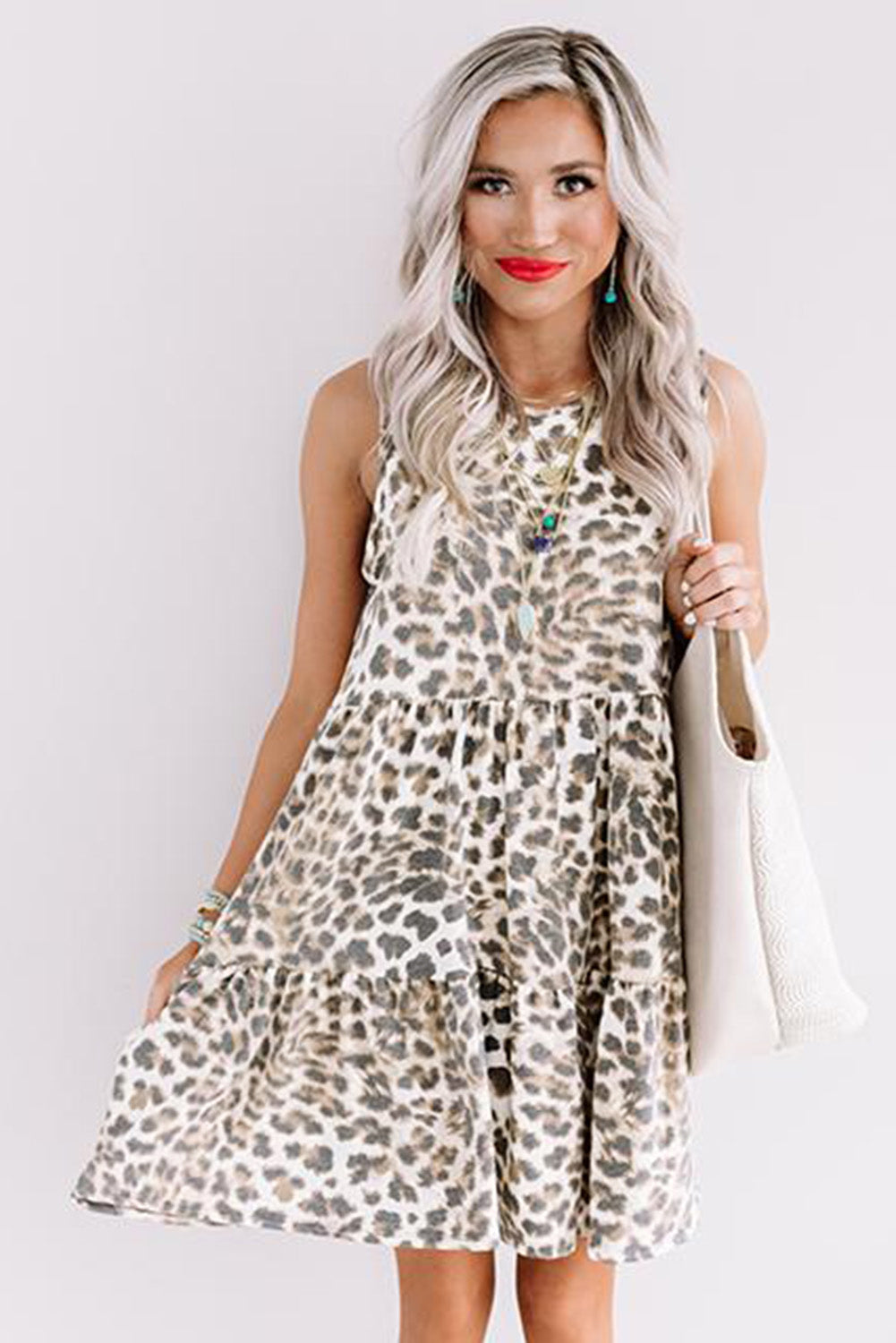 Udressshop Leopard Print Layered Ruffled Sleeveless Mini Dress