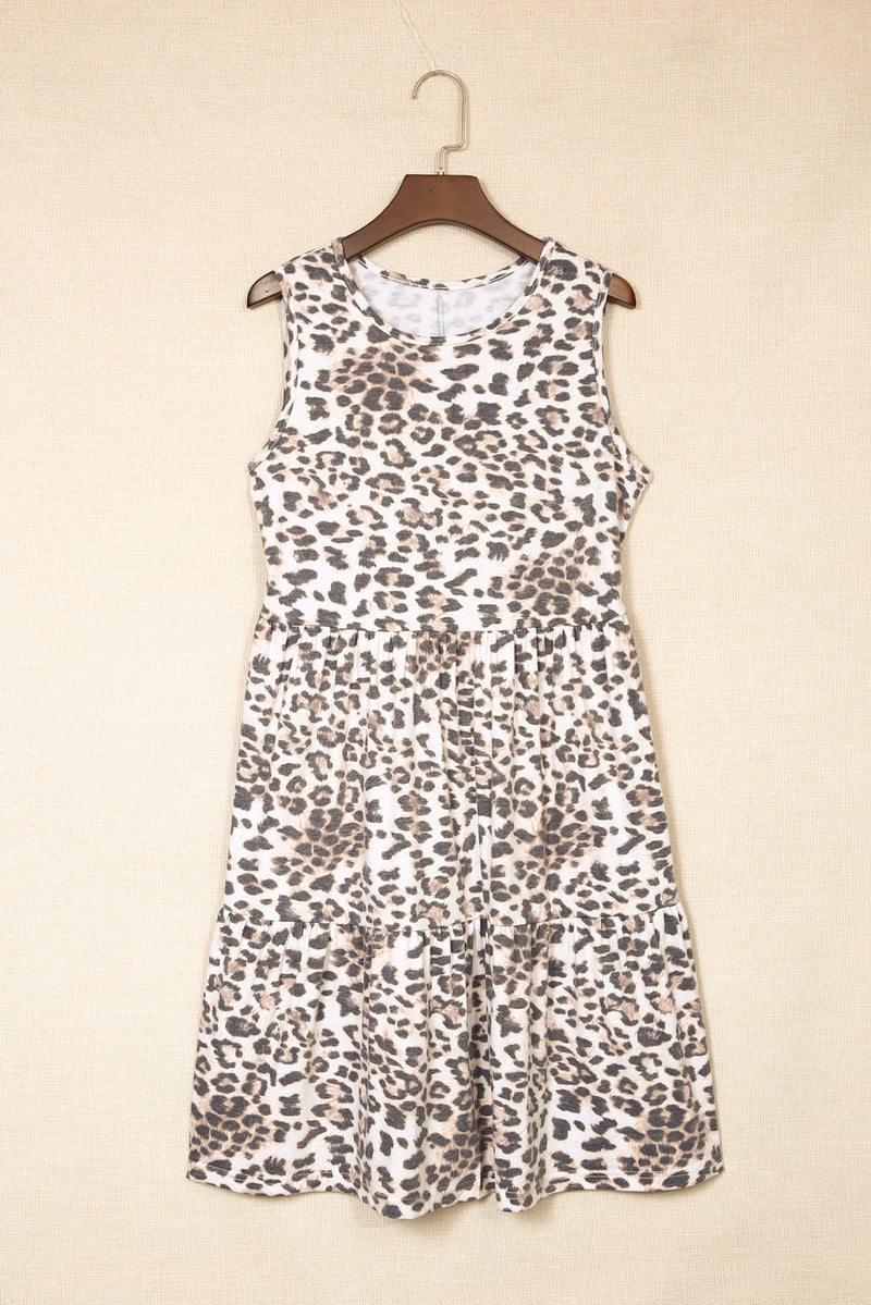 Udressshop Leopard Print Layered Ruffled Sleeveless Mini Dress