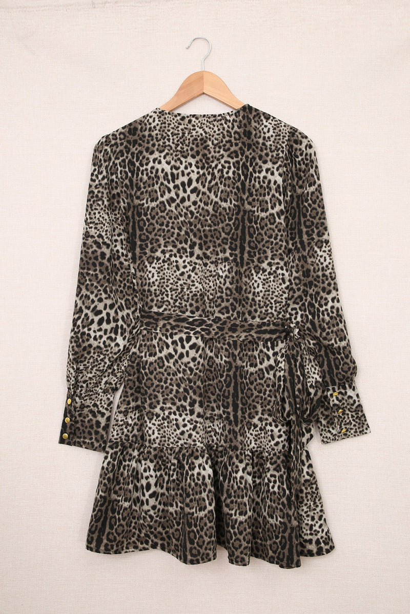 Udressshop Leopard Print Ruffle Lace-up V Neck Mini Dress