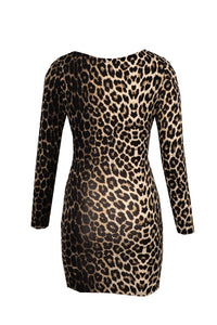 Udressshop Leopard Print V Neck Long Sleeve Bodycon Mini Dress