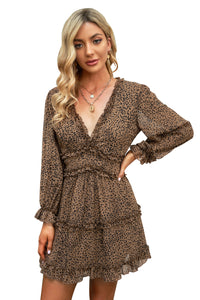 Udressshop Womens Fall Summer Deep V Neck Ruffle Detailing Open Back Print Midi Dress