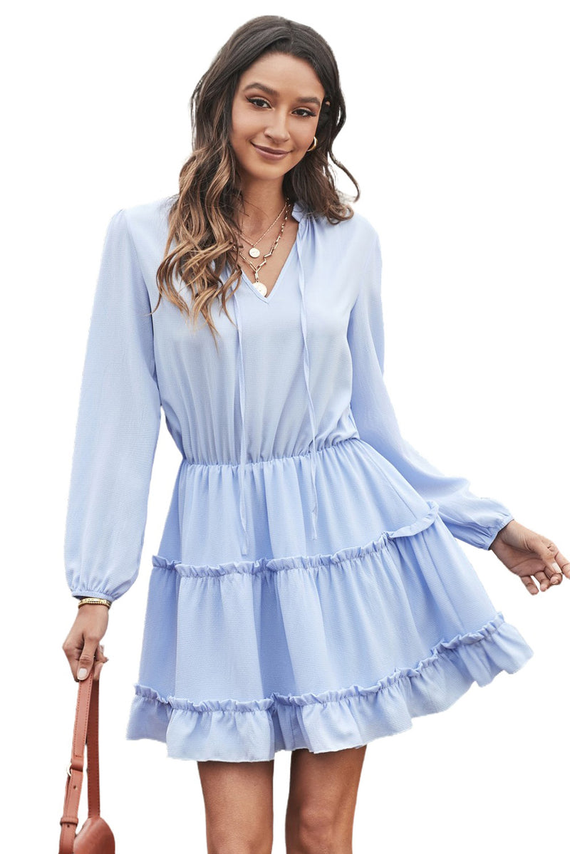 Udressshop Light Blue V Neck Long Sleeve Ruffle Tiered Mini Dress