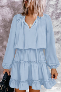 Udressshop Light Blue V Neck Long Sleeve Ruffle Tiered Mini Dress