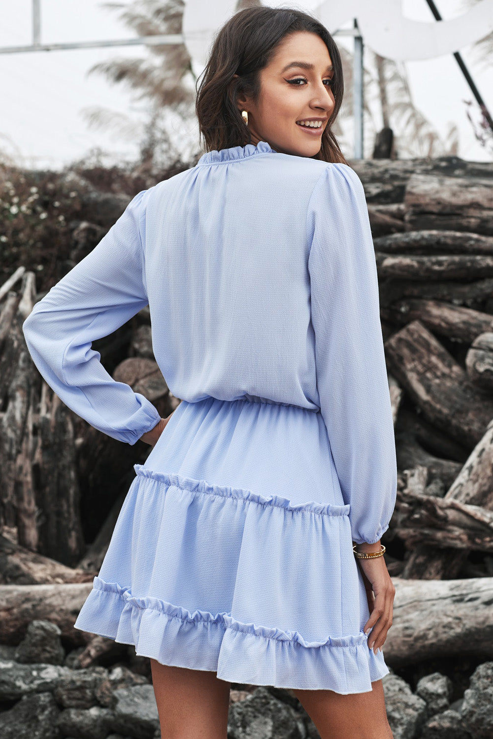 Udressshop Light Blue V Neck Long Sleeve Ruffle Tiered Mini Dress