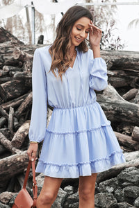 Udressshop Light Blue V Neck Long Sleeve Ruffle Tiered Mini Dress