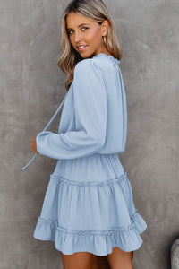 Udressshop Light Blue V Neck Long Sleeve Ruffle Tiered Mini Dress