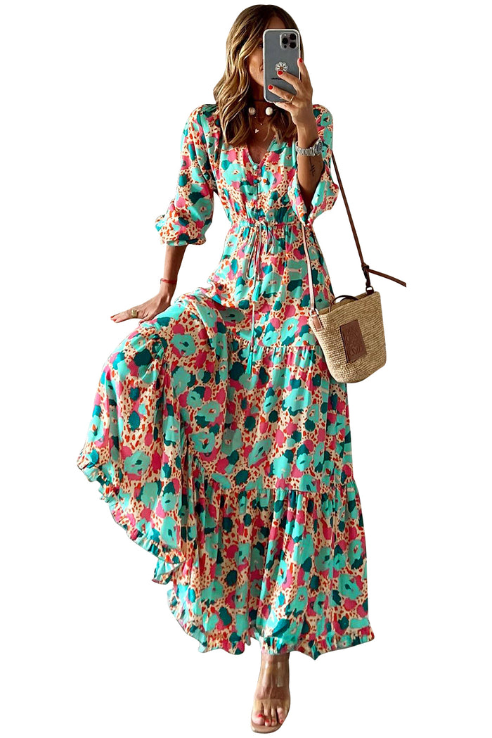 Udressshop Multicolor Bohemia Print V Neck Ruffle Long Sleeve Maxi Dress