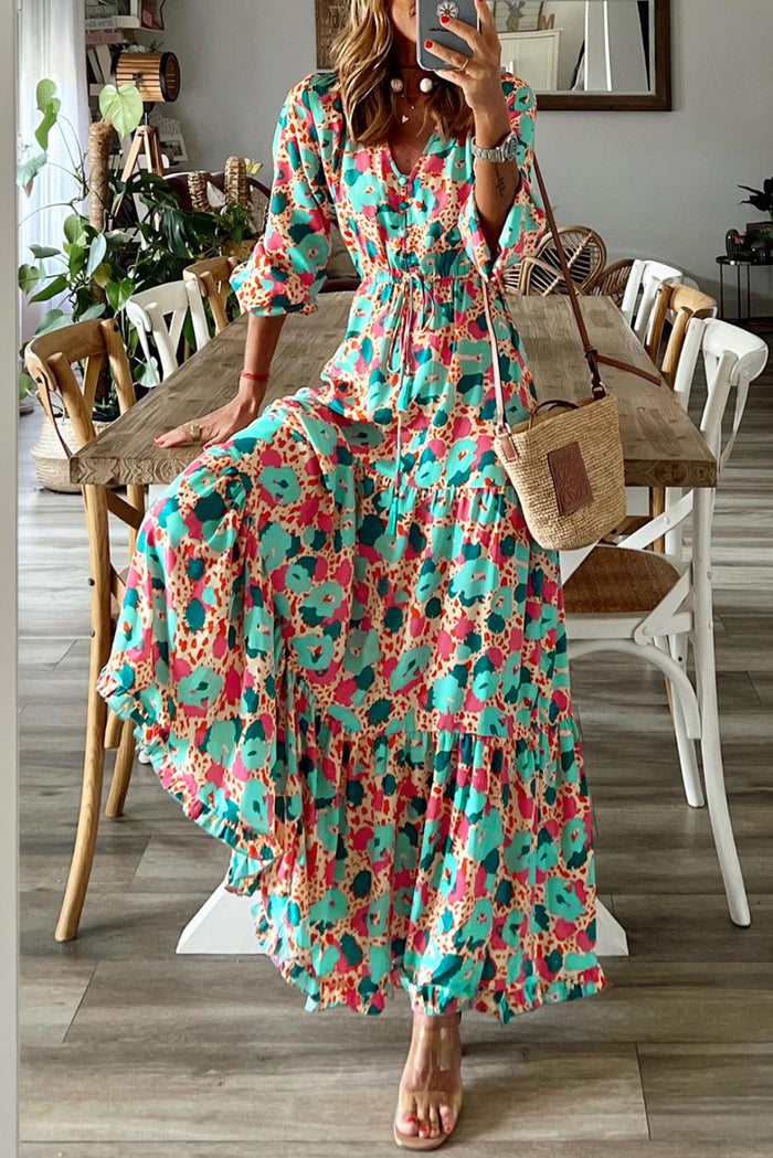 Udressshop Multicolor Bohemia Print V Neck Ruffle Long Sleeve Maxi Dress