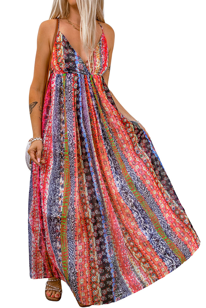 Women's Sling V-Neck Backless Boho Pattern Print Maxi Dress Loose Fit Style