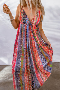 Women's Sling V-Neck Backless Boho Pattern Print Maxi Dress Loose Fit Style