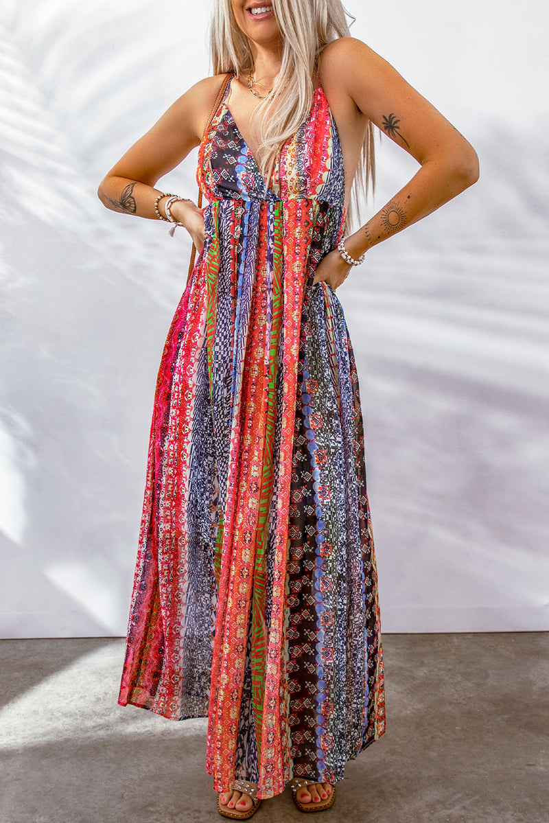 Women's Sling V-Neck Backless Boho Pattern Print Maxi Dress Loose Fit Style