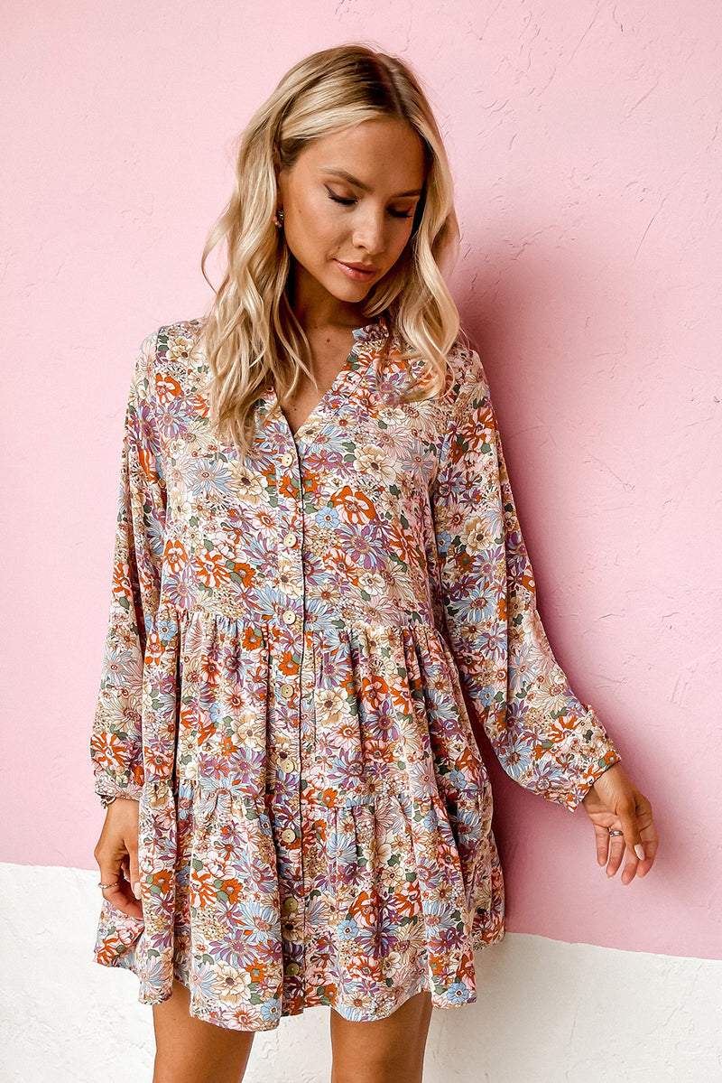 Udressshop Multicolor Split Neck Buttons Front Shirt Floral Dress